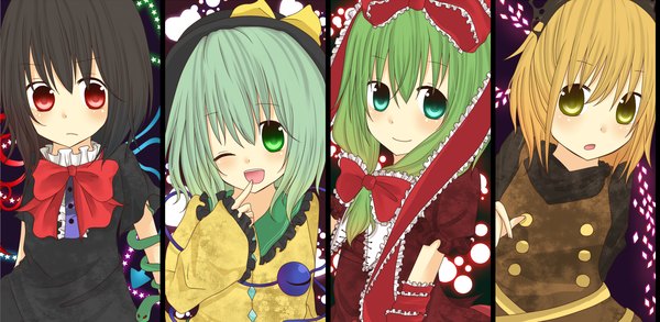 Anime picture 1800x880 with touhou komeiji koishi kagiyama hina houjuu nue kurodani yamame bun no ji (artist) highres short hair black hair blonde hair red eyes wide image multiple girls green eyes yellow eyes one eye closed green hair wink group multiview