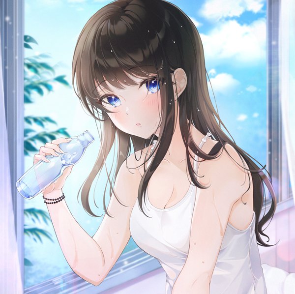 Anime picture 2691x2686 with original lebring single long hair looking at viewer blush fringe highres breasts open mouth blue eyes brown hair sitting bare shoulders holding sky cleavage cloud (clouds) indoors blunt bangs