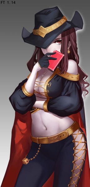 Anime picture 1506x3115 with league of legends twisted fate (league of legends) wengcang hefeng single long hair tall image breasts light erotic red eyes brown hair bare shoulders pale skin lacing covering eye (eyes) hat over eyes girl gloves navel hat earrings