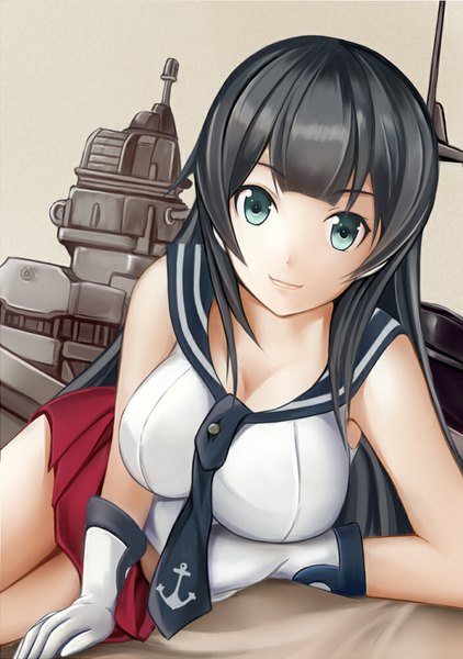 Anime picture 704x1000 with kantai collection agano light cruiser nannacy7 single long hair tall image looking at viewer breasts blue eyes black hair bare shoulders girl skirt gloves necktie sailor suit