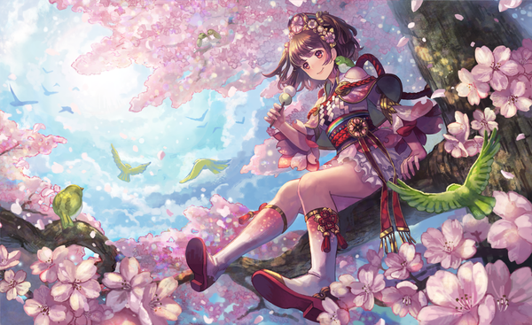 Anime picture 1000x612 with original terai (teraimorimori) single long hair blush red eyes brown hair wide image sitting hair flower cherry blossoms girl dress hair ornament flower (flowers) plant (plants) animal petals tree (trees) boots