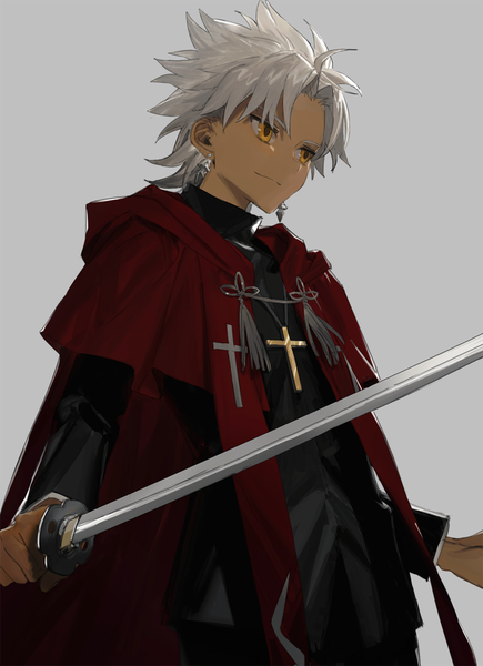 Anime picture 841x1160 with fate (series) fate/apocrypha amakusa shirou (fate) hirota tsuu single tall image short hair simple background looking away silver hair upper body grey background orange eyes dark skin boy weapon earrings sword katana tassel