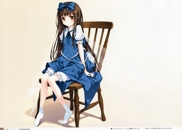 Anime picture 3436x2471 with touhou star sapphire ke-ta single long hair looking at viewer blush fringe highres open mouth sitting brown eyes absurdres bent knee (knees) scan inscription :o shadow no shoes gradient background