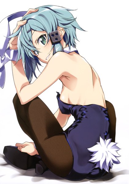 Anime picture 2800x4000 with sword art online a-1 pictures asada shino kurashima tomoyasu tall image blush fringe highres short hair breasts light erotic sitting twintails bare shoulders green eyes animal ears tail animal tail looking back light smile