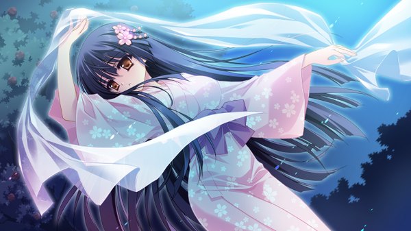 Anime picture 1280x720 with kimi to boku to eden no ringo kakyouin kotone long hair black hair wide image game cg japanese clothes orange eyes girl kimono