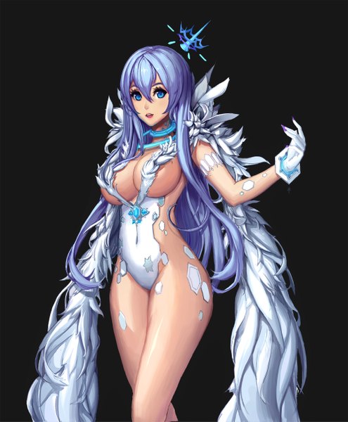 Anime picture 2000x2425 with million arthur (series) kaku-san-sei million arthur square enix acid g single long hair tall image looking at viewer highres breasts open mouth blue eyes light erotic large breasts standing purple hair black background wide hips girl gloves