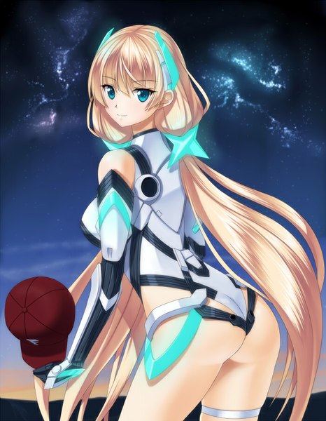 Anime picture 700x900 with expelled from paradise angela balzac hammerman benkei tall image looking at viewer blush fringe breasts light erotic blonde hair twintails bare shoulders outdoors ass very long hair looking back aqua eyes low twintails arched back girl