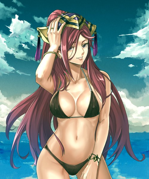 Anime picture 1067x1280 with fire emblem fire emblem heroes nintendo loki (fire emblem heroes) alba single long hair tall image looking at viewer fringe breasts light erotic smile hair between eyes large breasts standing purple eyes payot sky cleavage