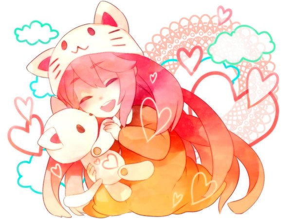 Anime picture 2640x1980 with vocaloid toeto (vocaloid) megurine luka megurine luka (toeto) long hair highres open mouth pink hair eyes closed happy ^ ^ girl heart toy stuffed animal cap child (children) teddy bear animal hat