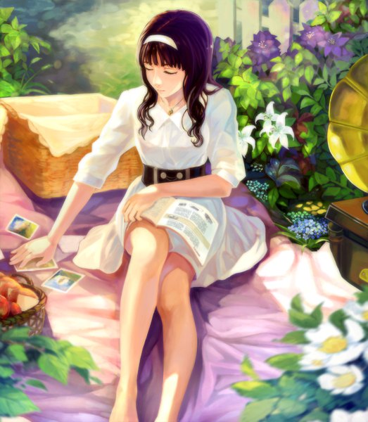 Anime picture 1100x1262 with original kenbuo single long hair tall image black hair sitting eyes closed girl dress flower (flowers) hairband