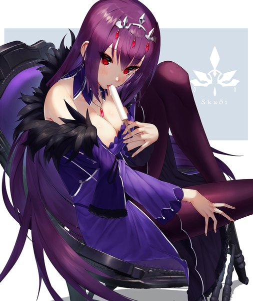 Anime picture 1654x1962 with fate (series) fate/grand order scathach (fate) (all) scathach skadi (fate) scottie (phantom2) single long hair tall image looking at viewer blush fringe breasts light erotic simple background hair between eyes red eyes large breasts sitting bare shoulders payot