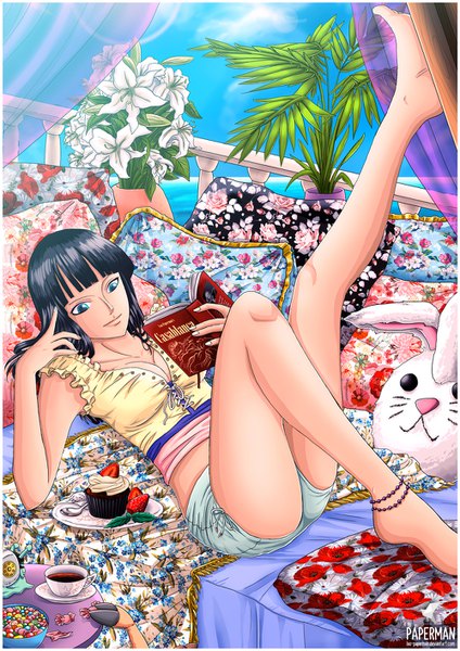 Anime picture 1000x1414 with one piece toei animation nico robin tony tony chopper den den mushi lao-paperman long hair tall image fringe breasts blue eyes light erotic black hair holding signed looking away sky cleavage cloud (clouds) lying