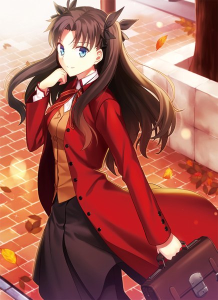 Anime picture 923x1268 with fate (series) fate/stay night type-moon toosaka rin fuyuki (neigedhiver) single long hair tall image looking at viewer blue eyes black hair girl bow hair bow leaf (leaves) school bag coat