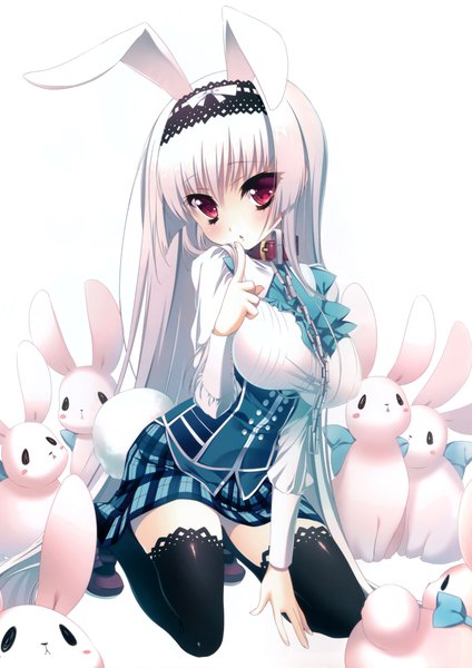 Anime picture 5768x8161 with ginyoi kairo (artbook) katagiri hinata single tall image looking at viewer blush highres breasts red eyes large breasts animal ears absurdres silver hair full body tail long sleeves very long hair head tilt bunny ears zettai ryouiki