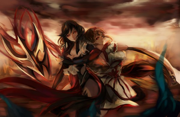 Anime picture 2480x1610 with original pixiv fantasia pixiv fantasia t wttwj long hair highres breasts black hair smile red eyes brown hair standing multiple girls sky looking back back to back girl dress bow ribbon (ribbons)