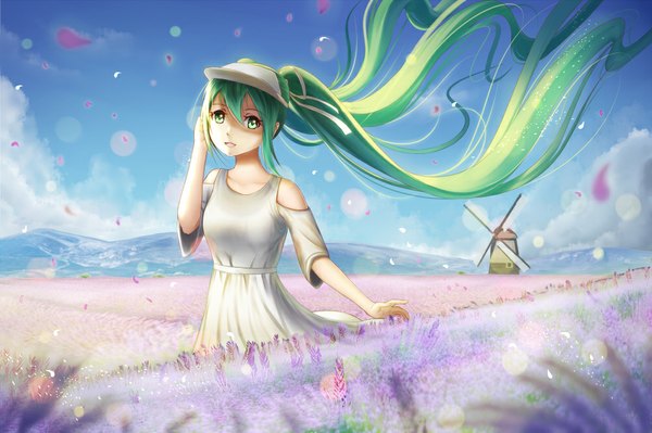 Anime picture 1000x666 with vocaloid hatsune miku kr (sapphire) single looking at viewer fringe open mouth smile twintails sky cloud (clouds) very long hair aqua eyes wind sunlight aqua hair adjusting hair mountain scenic field