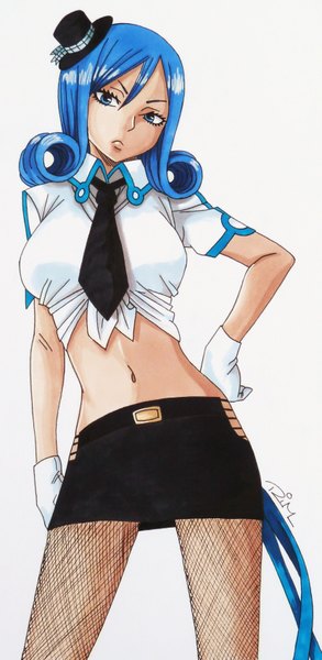 Anime picture 1659x3391 with fairy tail juvia (edolas) akabruce single long hair tall image blue eyes white background blue hair midriff hand on hip drill hair girl gloves navel hat miniskirt pantyhose necktie fishnet pantyhose