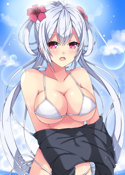 Anime picture 715x1000 with phantasy star phantasy star online 2 sega matoi (pso2) milkpanda single long hair tall image looking at viewer blush breasts open mouth light erotic red eyes twintails silver hair hair flower girl flower (flowers) swimsuit