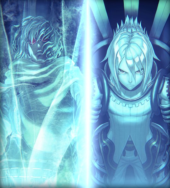 Anime picture 5200x5779 with .hack// .hack//g.u. haseo ovan tall image looking at viewer highres short hair absurdres official art multiple boys monochrome wavy hair serious spiked hair messy hair boy glasses scarf armor