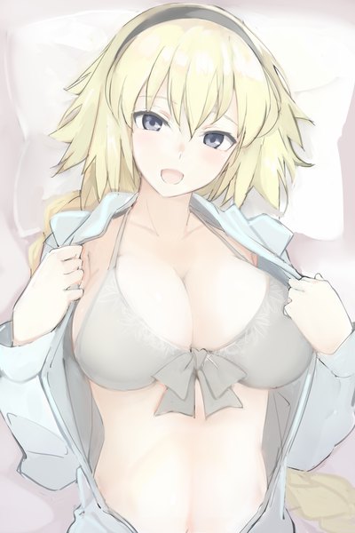 Anime picture 800x1200 with fate (series) fate/grand order jeanne d'arc (fate) (all) jeanne d'arc (swimsuit archer) mobu single long hair tall image looking at viewer blush fringe breasts open mouth blue eyes light erotic blonde hair hair between eyes large breasts payot upper body