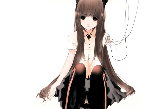 Anime picture 1132x850 with original houden eizou single long hair looking at viewer fringe simple background brown hair white background sitting animal ears black eyes cat ears sleeveless pale skin girl shirt pantyhose white shirt wire (wires)