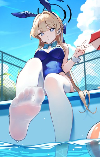 Anime picture 3774x5900 with blue archive toki (blue archive) toki (bunny) (blue archive) yuye single long hair tall image looking at viewer fringe highres breasts blue eyes light erotic blonde hair large breasts sitting animal ears absurdres sky cloud (clouds)