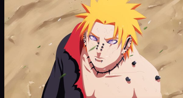 Anime picture 1023x549 with naruto studio pierrot naruto (series) pain (naruto) deva path igeerr single short hair wide image purple eyes from above orange hair piercing coloring torn clothes looking up muscle akatsuki rinnegan boy