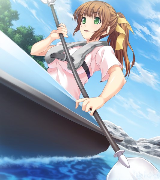 Anime picture 1024x1152 with fushikitan kyuukon sennen shoujo long hair tall image brown hair green eyes game cg cloud (clouds) ponytail girl ribbon (ribbons) hair ribbon