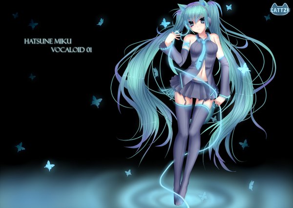 Anime picture 1406x1000 with vocaloid hatsune miku kattzu single long hair twintails animal ears aqua eyes cat ears aqua hair black background girl thighhighs navel detached sleeves necktie insect butterfly