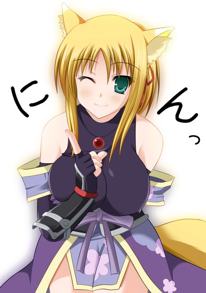 Anime picture 2932x4164 with dog days yukikaze panettone guatemala (artist) tall image highres breasts light erotic simple background blonde hair smile large breasts white background green eyes animal ears absurdres one eye closed wink dog girl girl