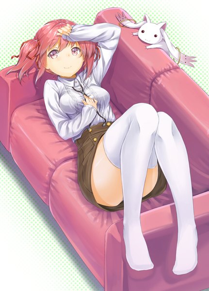 Anime picture 634x882 with mahou shoujo madoka magica shaft (studio) kaname madoka kyuubee kokusan moyashi tall image looking at viewer fringe short hair light erotic smile twintails bent knee (knees) red hair lying pink eyes from above on back no shoes zettai ryouiki