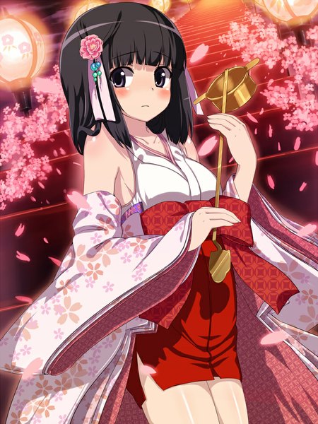 Anime picture 750x1000 with kami nomi zo shiru sekai shiomiya shiori wataru (zazazazazazawa) single tall image looking at viewer blush short hair black hair traditional clothes black eyes miko girl hair ornament flower (flowers) ribbon (ribbons) hair ribbon petals