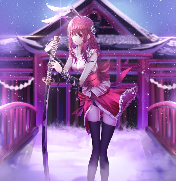 Anime picture 3891x4000 with original domi (hyaku8795) single long hair tall image looking at viewer fringe highres light erotic hair between eyes standing holding animal ears payot absurdres sky red hair traditional clothes japanese clothes pink eyes