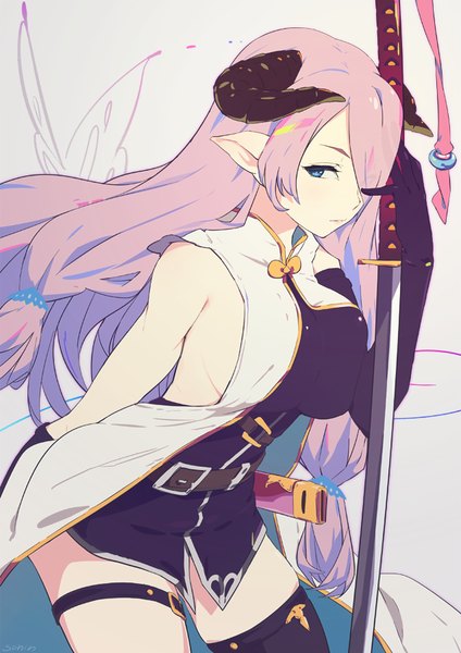 Anime picture 636x900 with granblue fantasy narmaya (granblue fantasy) sohin single long hair tall image fringe breasts blue eyes light erotic simple background large breasts holding looking away pink hair head tilt arm up horn (horns) wind pointy ears