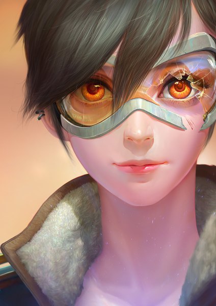 Anime picture 2480x3508 with overwatch blizzard entertainment tracer (overwatch) joo yann ang single tall image looking at viewer fringe highres short hair hair between eyes lips orange eyes fur trim piercing broken girl earrings fur goggles