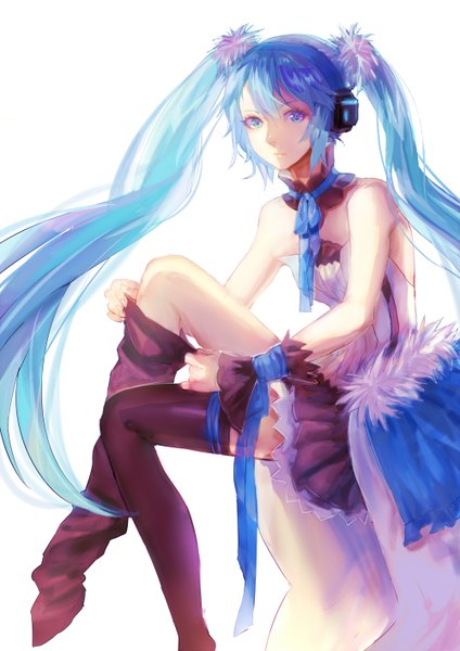 Anime picture 1000x1414 with vocaloid hatsune miku kirired single long hair tall image looking at viewer blush simple background white background sitting twintails bare shoulders aqua eyes aqua hair undressing serious girl thighhighs skirt