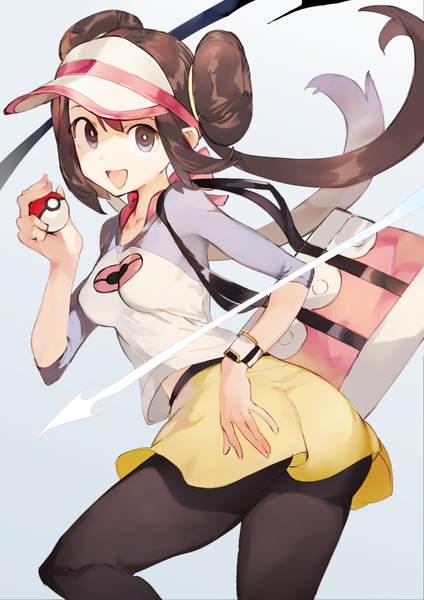 Anime picture 706x1000 with pokemon pokemon black and white nintendo rosa (pokemon) toridamono single long hair tall image looking at viewer fringe open mouth blue eyes light erotic simple background smile brown hair twintails holding ass :d