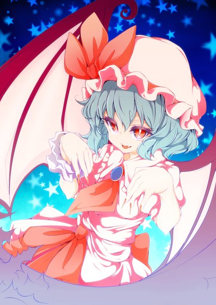 Anime picture 2507x3541 with touhou remilia scarlet baba (baba seimaijo) single tall image highres short hair open mouth red eyes blue hair fingernails from above long fingernails bat wings girl dress wings star (stars) bonnet claws