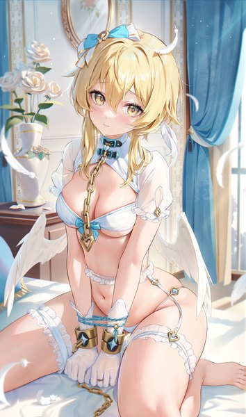 Anime picture 2362x4000 with genshin impact lumine (genshin impact) houkisei single long hair tall image looking at viewer blush fringe highres breasts light erotic blonde hair hair between eyes large breasts sitting yellow eyes payot bent knee (knees) indoors
