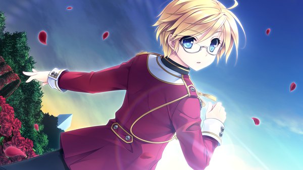 Anime picture 1920x1080 with hello lady akatsuki-works katsuragi sorako single highres short hair blue eyes blonde hair wide image game cg looking back girl uniform flower (flowers) school uniform petals glasses rose (roses)