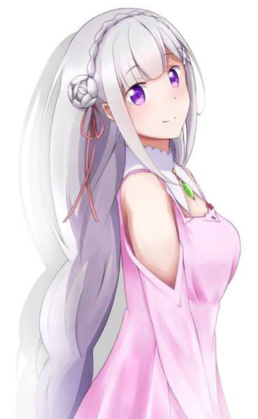 Anime picture 886x1440 with re:zero kara hajimeru isekai seikatsu white fox emilia (re:zero) taka-chan single long hair tall image looking at viewer blush fringe breasts simple background smile white background purple eyes bare shoulders payot silver hair upper body blunt bangs