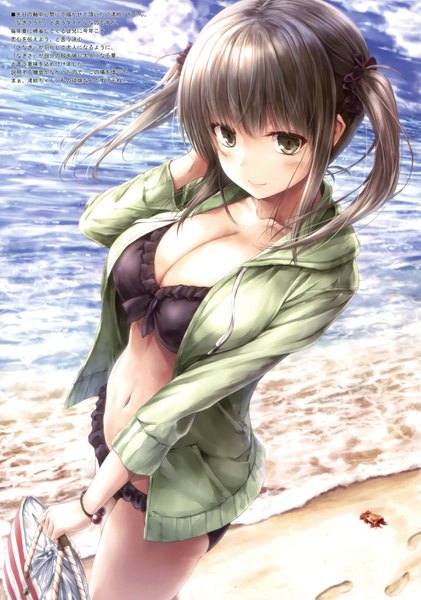 Anime picture 2390x3403 with kantai collection zuikaku aircraft carrier suien single long hair tall image looking at viewer blush fringe highres breasts light erotic smile hair between eyes brown hair large breasts standing twintails holding green eyes