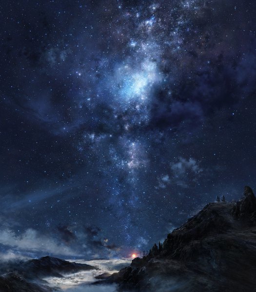Anime picture 1750x2000 with original iy (tsujiki) tall image highres sitting sky cloud (clouds) outdoors from behind night arm support night sky horizon landscape scenic rock star (stars) planet people