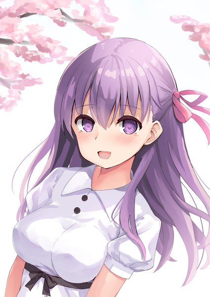 Anime picture 850x1200 with fate (series) fate/stay night matou sakura tenjou ryuka single long hair tall image looking at viewer blush fringe open mouth hair between eyes purple eyes purple hair upper body :d puffy sleeves cherry blossoms girl ribbon (ribbons)