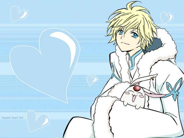 Anime picture 2048x1536 with tsubasa reservoir chronicle clamp mokona fay d flourite mokona-modoki blush highres short hair blue eyes blonde hair smile eyes closed blue background boy heart hood coat