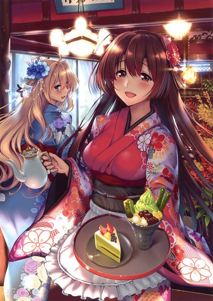 Anime picture 2342x3300 with original eshi 100-nin ten piromizu long hair tall image looking at viewer blush highres open mouth blue eyes blonde hair smile red eyes brown hair multiple girls ahoge traditional clothes japanese clothes hair flower scan