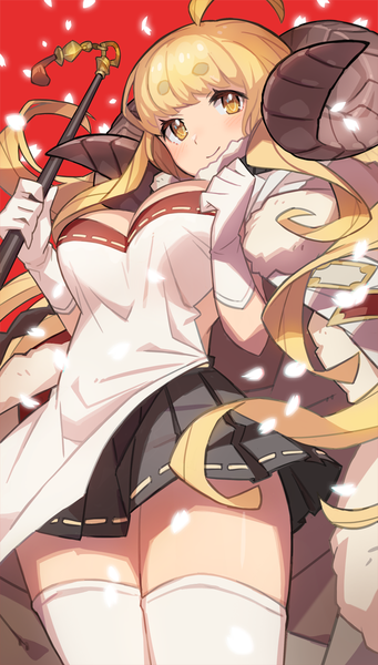 Anime picture 683x1200 with granblue fantasy anila (granblue fantasy) saitou naoki single long hair tall image blush fringe breasts blonde hair smile large breasts yellow eyes looking away cleavage ahoge horn (horns) eyebrows red background draph