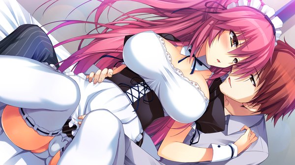 Anime picture 2560x1440 with reminiscence akusera tomose shunsaku long hair blush highres short hair breasts light erotic brown hair wide image large breasts brown eyes pink hair game cg maid girl thighhighs boy underwear