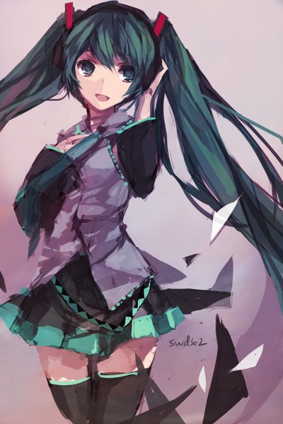 Anime picture 1511x2267 with vocaloid hatsune miku swd3e2 single tall image looking at viewer open mouth signed very long hair aqua eyes aqua hair zettai ryouiki hand on chest hand on head girl thighhighs skirt detached sleeves miniskirt headphones