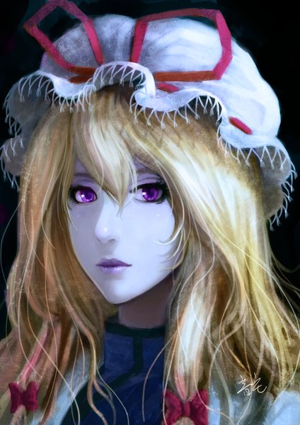 Anime picture 2480x3508 with touhou yakumo yukari yinzhai single long hair tall image looking at viewer highres simple background blonde hair purple eyes signed lips realistic inscription black background girl ribbon (ribbons) headdress bonnet